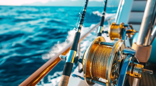 Two fishing rods with a large gold colored fishing line. The rods are on a boat in the ocean, AI