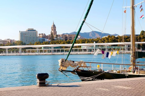 View over the harbour marina to the historic cathedral and city centre, Malaga, Spain, Europe