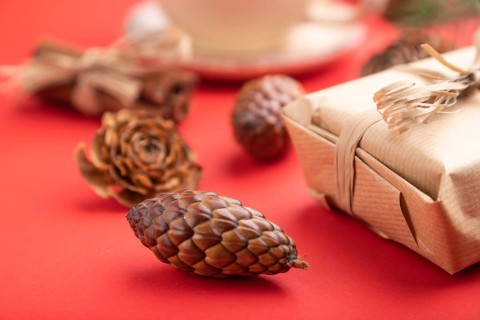 Christmas or New Year composition. Decorations, box, cinnamon, cones, fir and spruce branches, cup