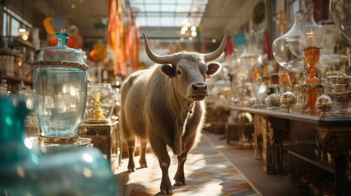 Very large bull with horns in a China shop filled with glassware. generative AI, AI generated