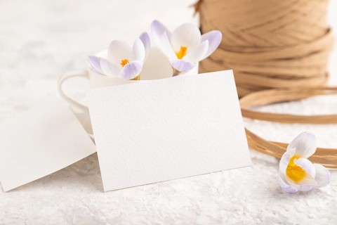 White paper invitation card, mockup with purple crocus snowdrop flowers on gray concrete background