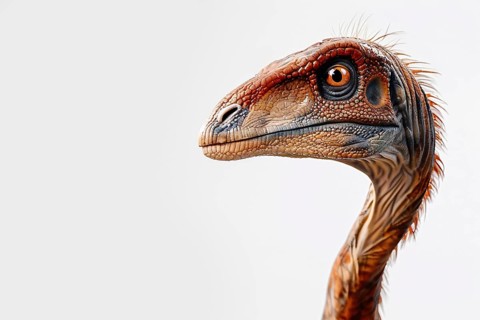Close up of head of Gallimimus dinosaur on white background. Generative Ai, AI generated