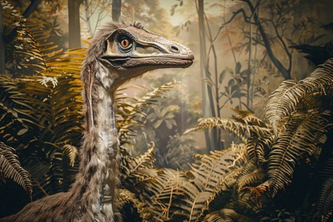 Close up of Gallimimus dinosaur in forest. Generative Ai, AI generated