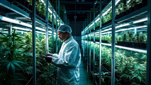 Cannabis cultivation facility in flourishing condition neatly arranged rows of vibrant green