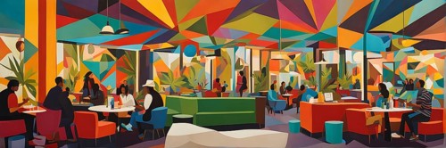 Abstract composition of a cannabis cafe with ambiance bold contrasting colors and playful shapes,