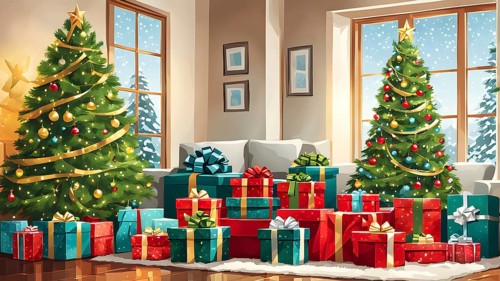 Abstract illustration of wrapped Christmas gifts, shiny ribbons and bows, stacked under a evergreen