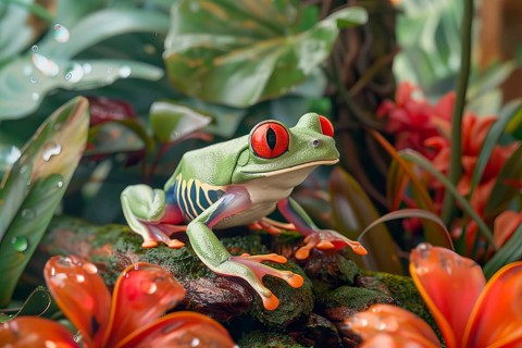 Red eyed tree frog, Ranoidea chloris, on leaves, Australia, AI generated, Oceania