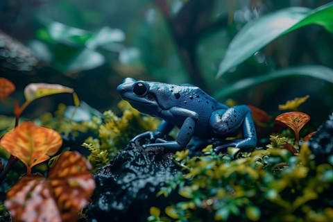 Blue poison dart frog on leaves, AI generated