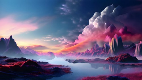 AI generated painting of a surreal landscape with mountains and a lake with digital brush strokes