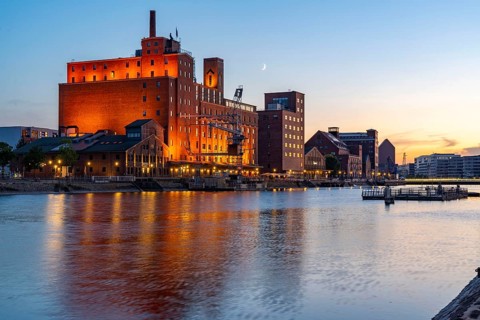 The inner harbour, in Duisburg, Werhahn-Mühle building on the right, North Rhine-Westphalia,