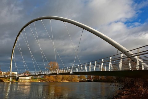 Cantilever pedestrian bridge over the River Mulde near Dessau, arch bridge, modern architecture,