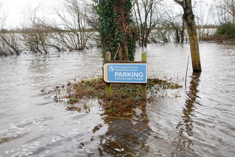 Flooding on the Somerset Levels, England in February 2014, car park under water at Langport