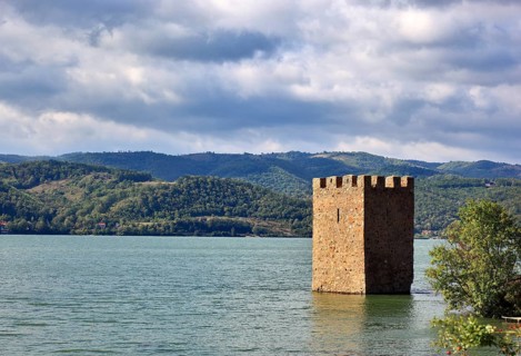 Wallachia, view of the Danube landscape, two towers, remains of the medieval fortress Trikule near