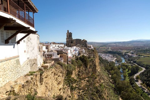 Cliff top buildings church of San Pedro, village of Arcos de la Frontera, Cadiz province, Spain,