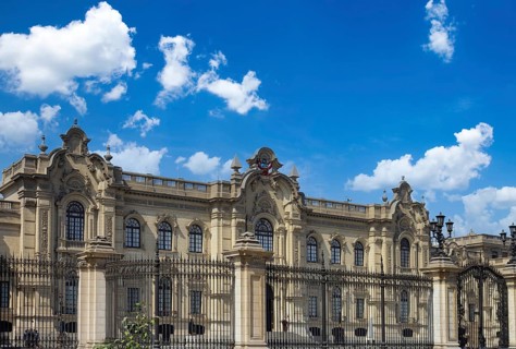 Lima, Peru, Government Palace on colonial Central plaza Mayor or Plaza de Armas in historic center,