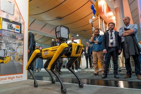 First day at Hannover Messe 2022, industrial trade fair, after a 2-year corona break, robot dog