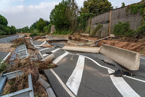 Flood on the Erft, here the federal road B265 destroyed by the water, Erftstadt, North