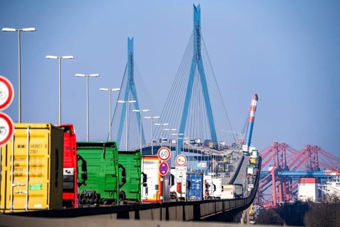 Traffic on the Köhlbrand Bridge in the port of Hamburg, spans the 325 m wide Köhlbrand, an arm of