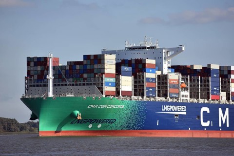 Europe, Germany, Hanseatic City of Hamburg, harbour, Elbe, CMA CGM Concorde departing Hamburg for