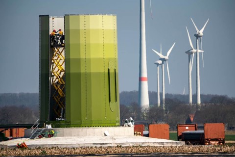 Construction of a wind turbine, Enercon steel pillar, near Kerken, Kleve district, Lower Rhine,