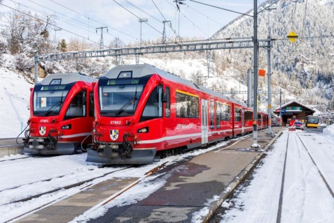 Rhaetian Railway trains on the Albula railway Stadler Rail passenger train at Filisur station,
