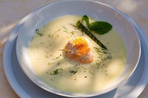 Southern German cuisine, sorrel soup with char, freshwater fish, soup arranged in a plate, herbs,