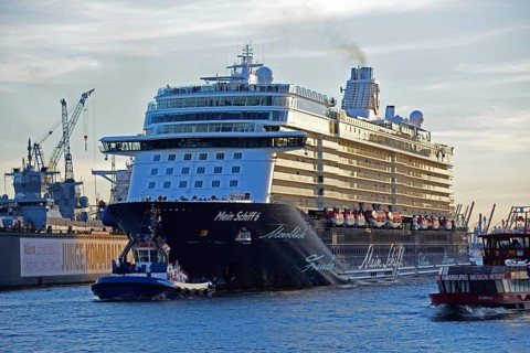 Europe, Germany, Hamburg, Elbe, passenger ship, Mein Schiff 6, arriving, left floating dock,