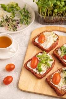 Red beet bread sandwiches with cream cheese, tomatoes and microgreen on gray concrete background.