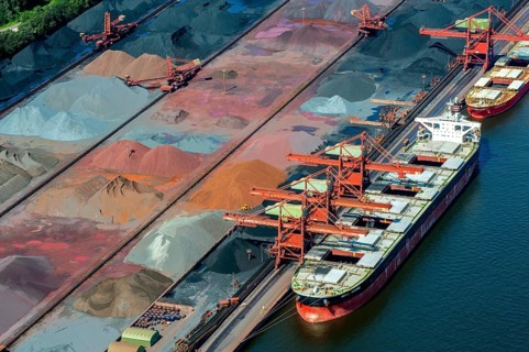 Aerial view, Hansaport loading and storage of ore, Elbe, harbour, Hamburg, Germany, Europe