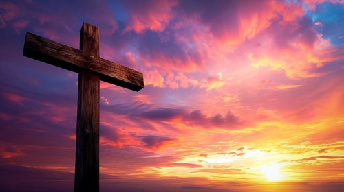 Easter concept cross on Golgotha Calvary hill in sky against a dramatic sunset, AI generated