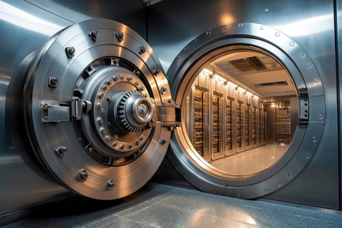 Open bank vault door, revealing a room filled with safety deposit boxes in safe depositary. The