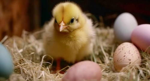 Cute newborn chick next to colorful easter eggs, generative AI, AI generated