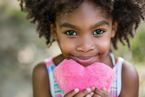 Young black girl child holding pink plush heart. KI generiert, generiert, AI generated