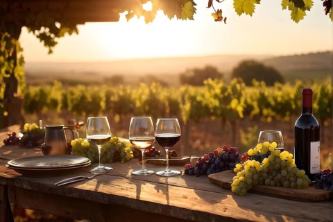 AI generated wine tasting table setup with wine and vine grapes nestled subtly amidst a thriving