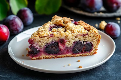 Slice of plum pie with crumbles topping on plate. Generative AI, AI generated