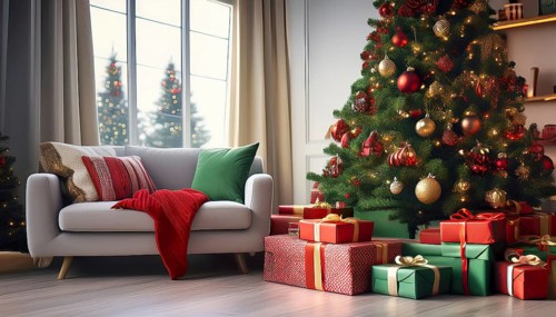 Presents lying under a decorated Christmas tree in a modern living room, AI-generated image, AI