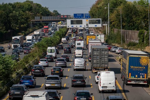 Traffic jam on the A3 motorway, over 8 lanes, in both directions, in front of the Leverkusen
