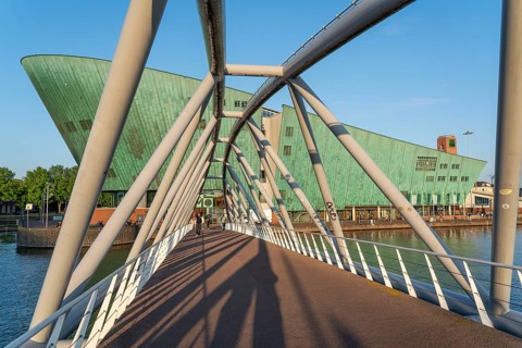 Nemo Science Museum, at the Oosterdok harbour, bridge, Amsterdam, Netherlands