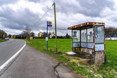 Old, dilapidated bus shelter on a country road, B 483, near Radevormwalde Landwehr, bus route 339,