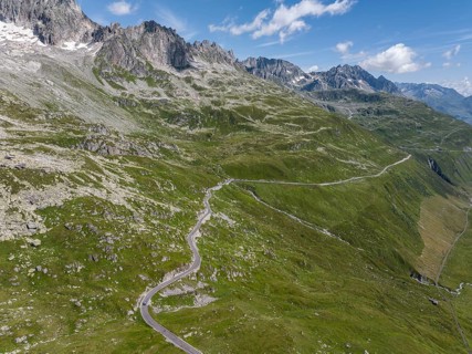 Landscape at the Furka Pass, drone photo. Alpine pass between the canton of Uri and the canton of