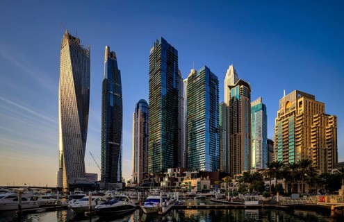Marina, Skyline, Cayan Tower, DAMAC Heights, Logo, Dubai Marina, Evening light, Dubai, United Arab