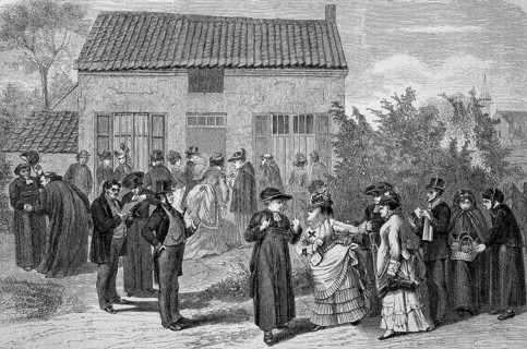 In front of the house of Louise Lateau in Bois d Haine. The case of Louise Lateau, 1850, 1883 is