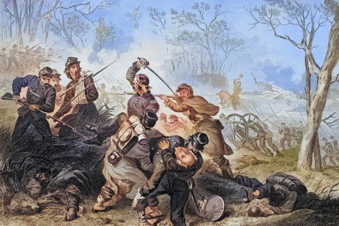 Death of Colonel Edward D. Baker at the Battle of Balls Bluff, Virginia, 1861, Baker was an