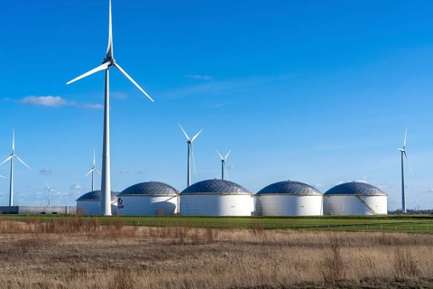 Vopak tank terminal in the industrial harbour of Eemshaven, wind farm, Groningen, Netherlands