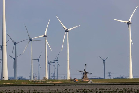 Westereems and Growind wind farms, over 80 wind turbines in total, at the Eemshaven seaport,