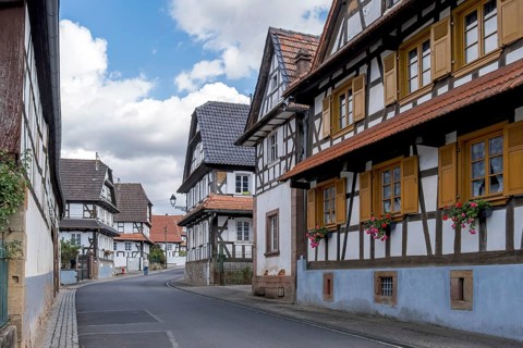 Main street with half-timbered houses, Hunspach, Alsace, France, Europe