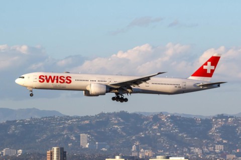 A Swiss Boeing 777-300 (ER) aircraft with the registration HB-JNH at Los Angeles Airport, USA,
