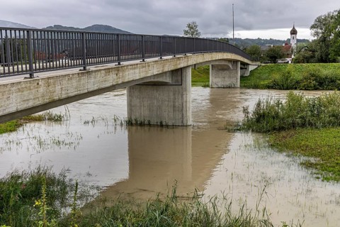 Flood at a bridge and a river, storm on 26.8.23 near Benediktbeuern, Loisach near Schlehdorf,