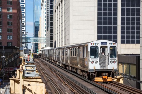 Chicago L Elevated elevated metro train public transport train at the Harold Washington Library