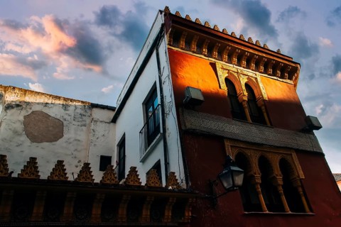 Cordoba streets at sunset in historic city center near Mezquita Cathedral